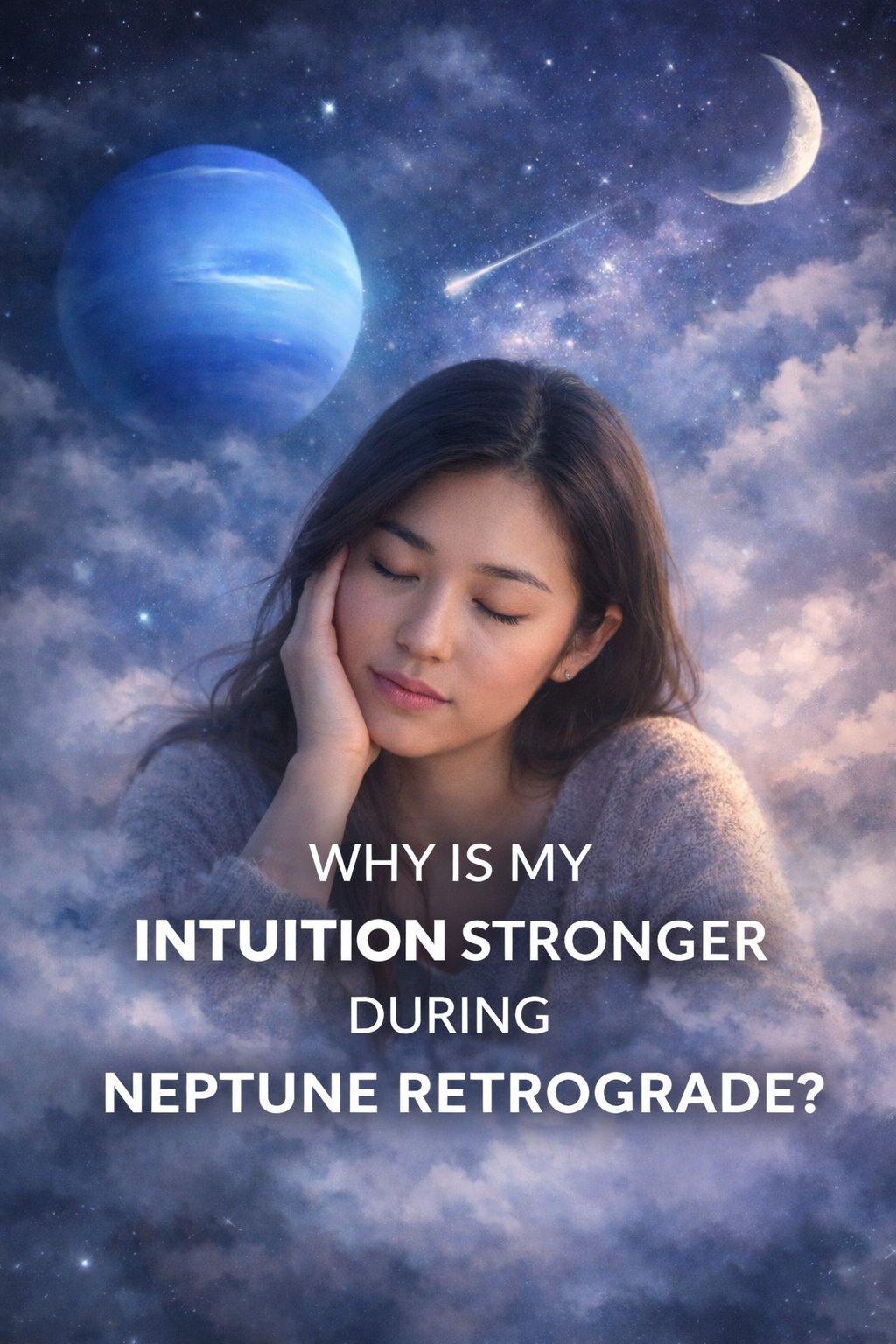 woman with eyes closed feeling calm intuitive awareness during Neptune retrograde under a dreamy cosmic sky