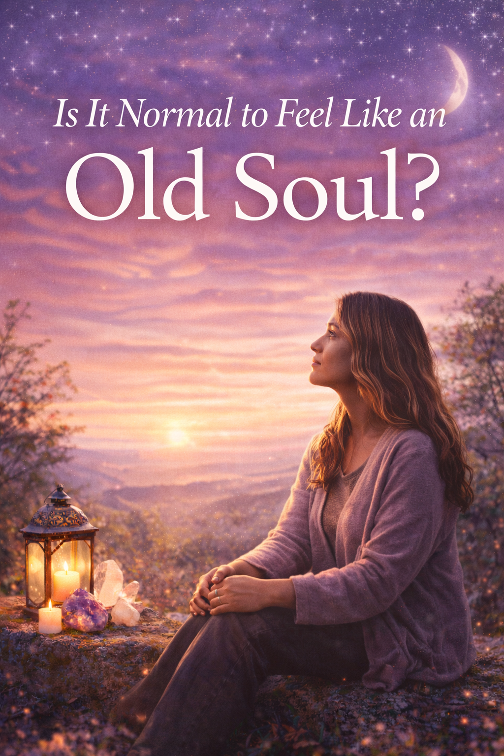 woman reflecting at sunset with candle and crystals representing feeling like an old soul