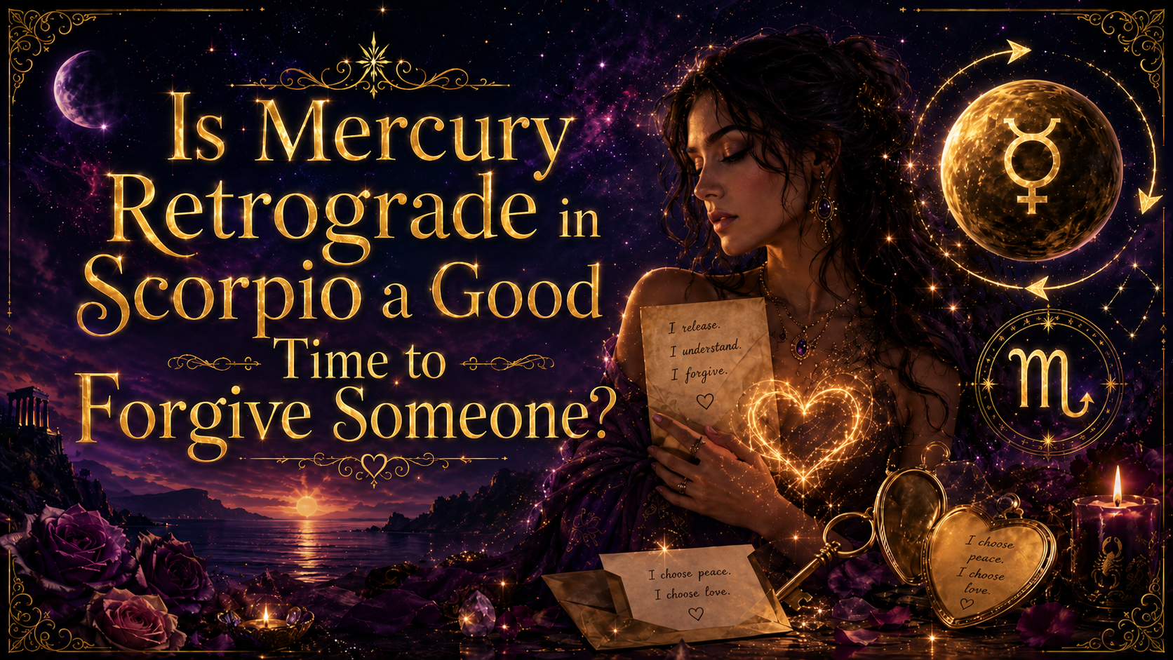 Mercury retrograde in Scorpio image with glowing text and a woman holding a forgiveness letter.