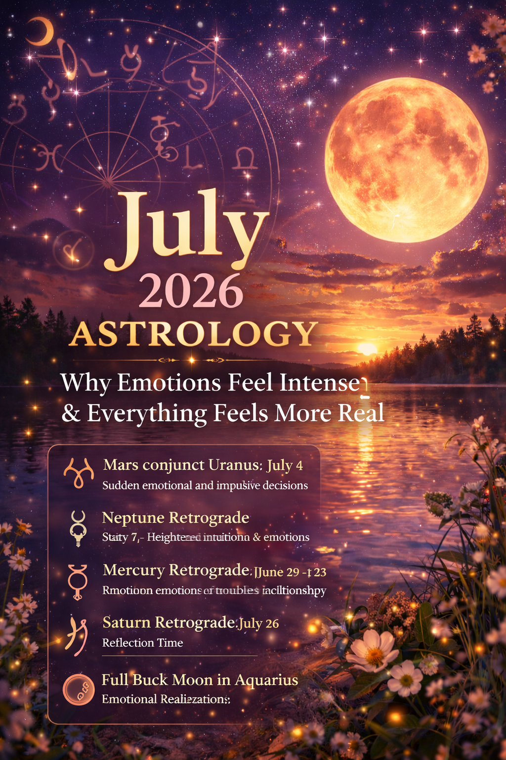 July 2026 astrology with Buck Moon over water at sunset representing emotional intensity, retrogrades, and relationship energy shifts
