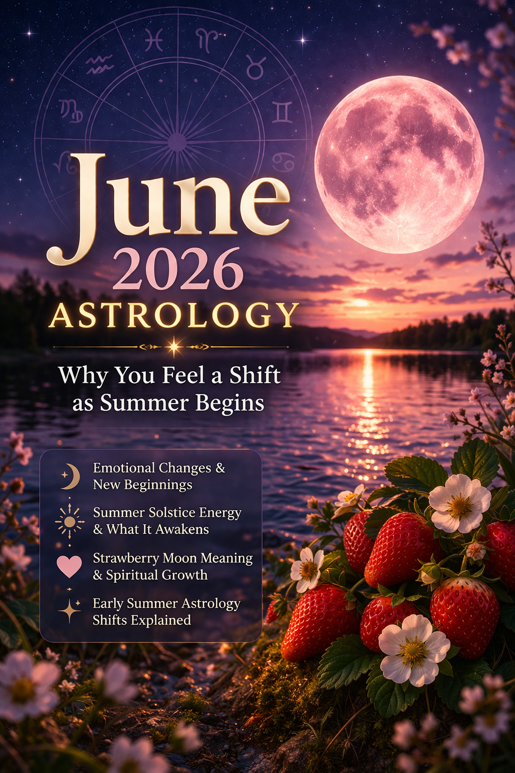 June 2026 astrology with Strawberry Moon over a lake at sunset representing emotional shifts, summer solstice energy, and spiritual awakening