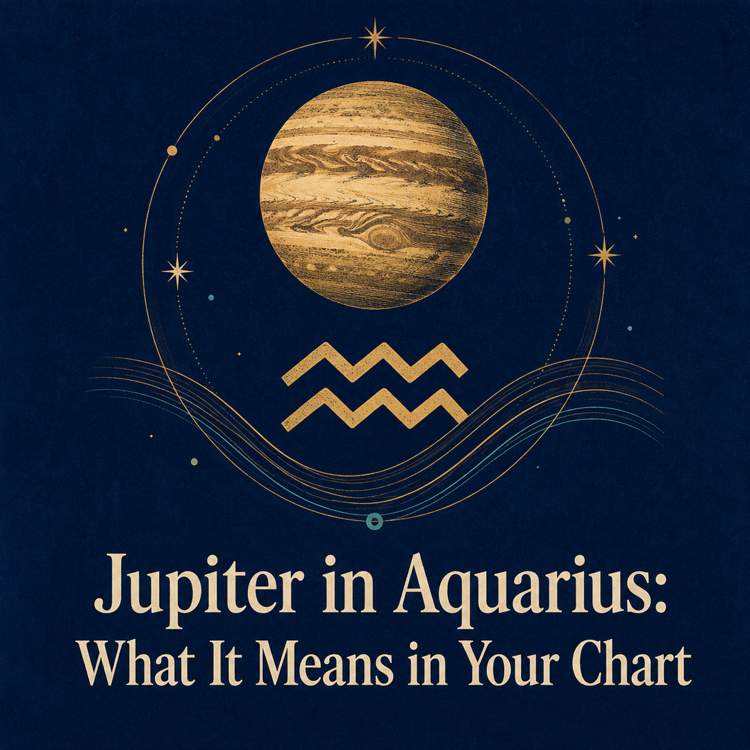 Gold Jupiter and Aquarius symbol on a deep blue background.