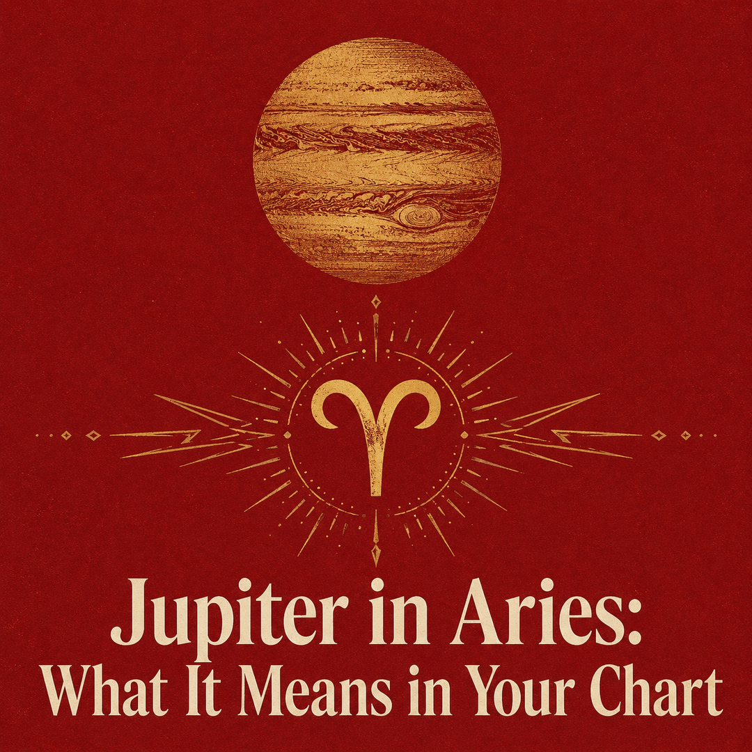 Gold Jupiter and Aries symbol on a deep red background.