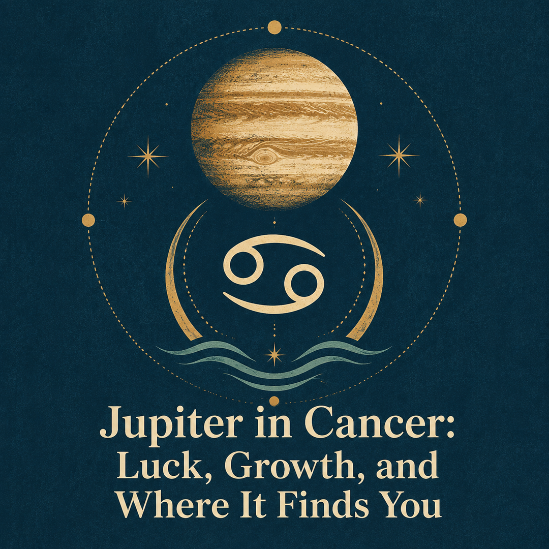 Gold Jupiter and Cancer symbol with moon and wave details on a deep blue background.