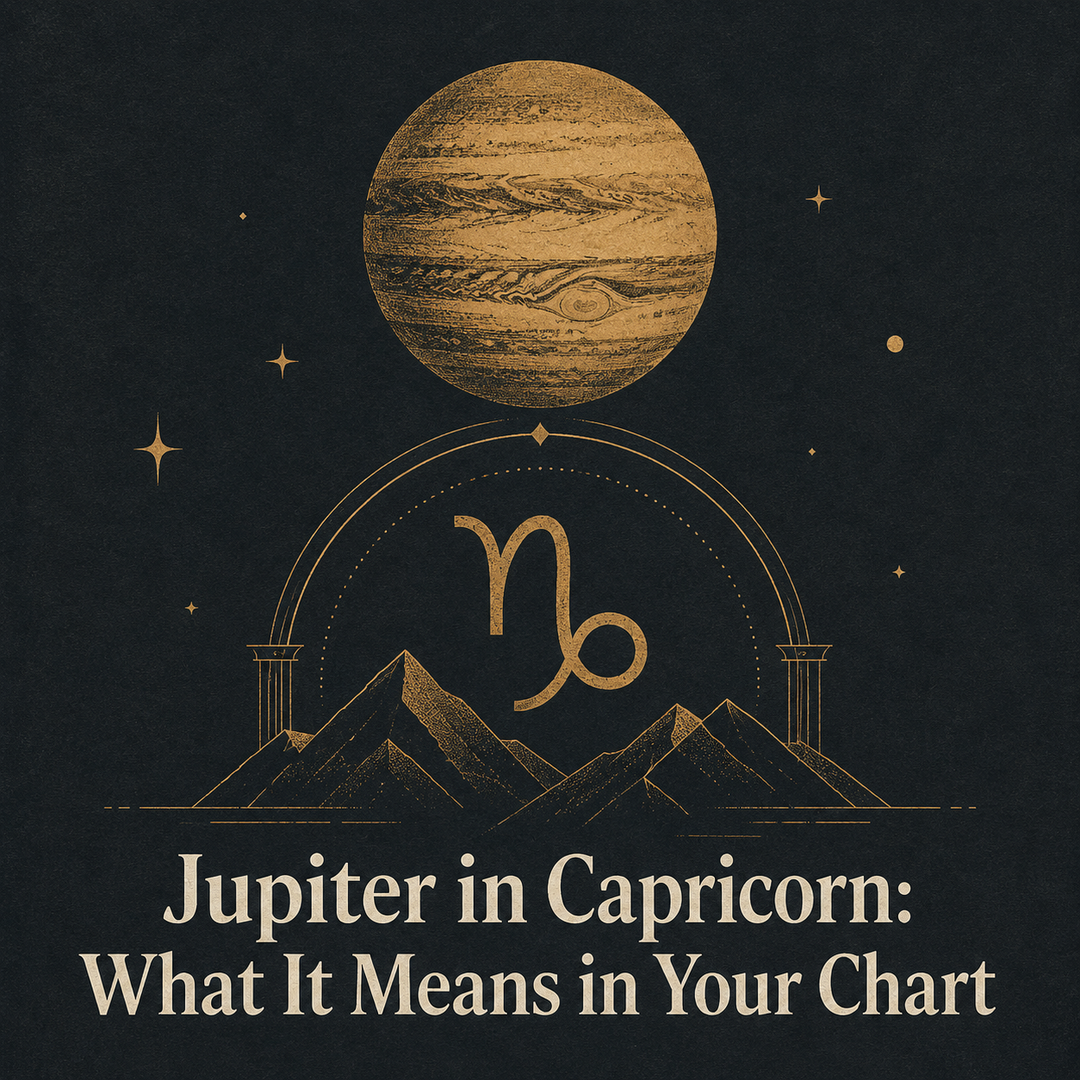 Gold Jupiter and Capricorn symbol above mountain peaks on a charcoal background.