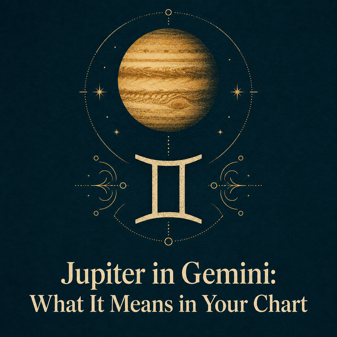 Gold Jupiter and Gemini symbol on a deep teal background.