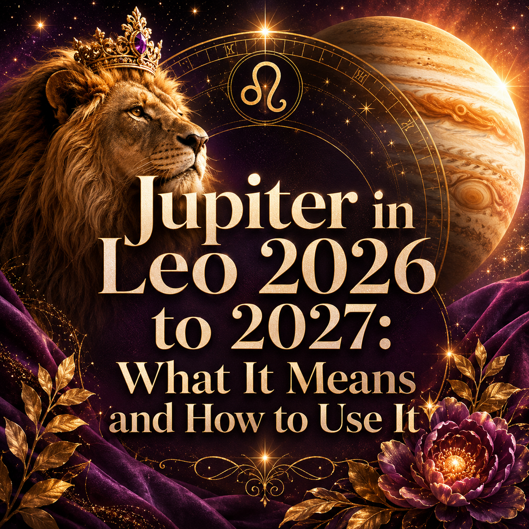 Jupiter in Leo 2026 to 2027 astrology graphic with lion and Jupiter.