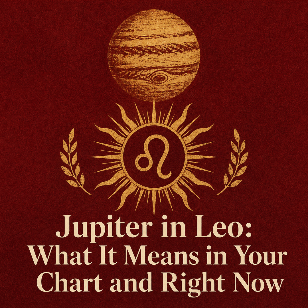 Gold Jupiter and Leo symbol with sun rays on a deep red background.