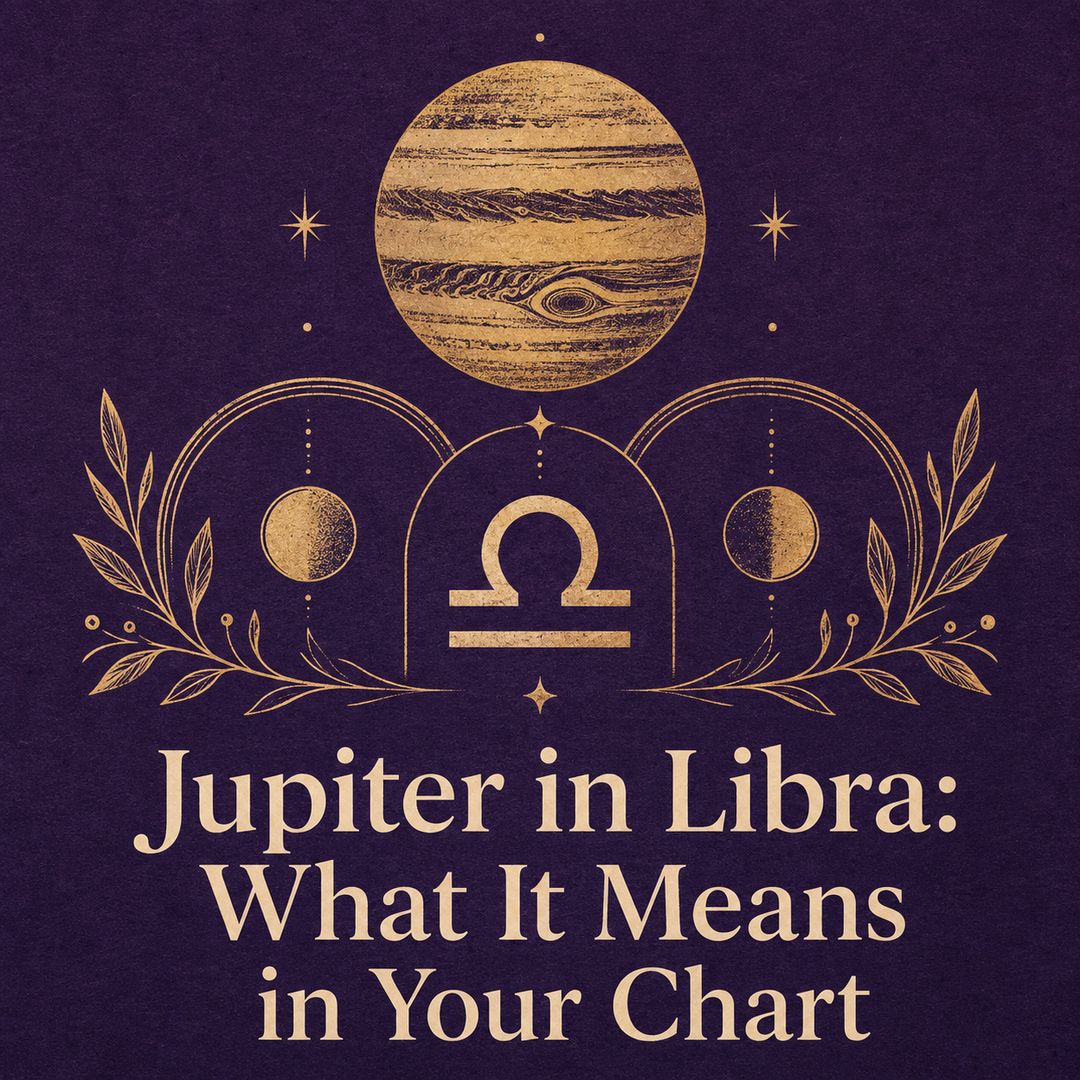 Gold Jupiter and Libra symbol with balanced celestial details on a deep violet background.