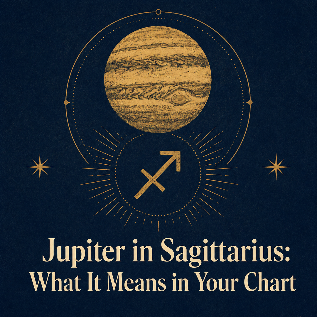 Gold Jupiter and Sagittarius symbol on a deep indigo background.