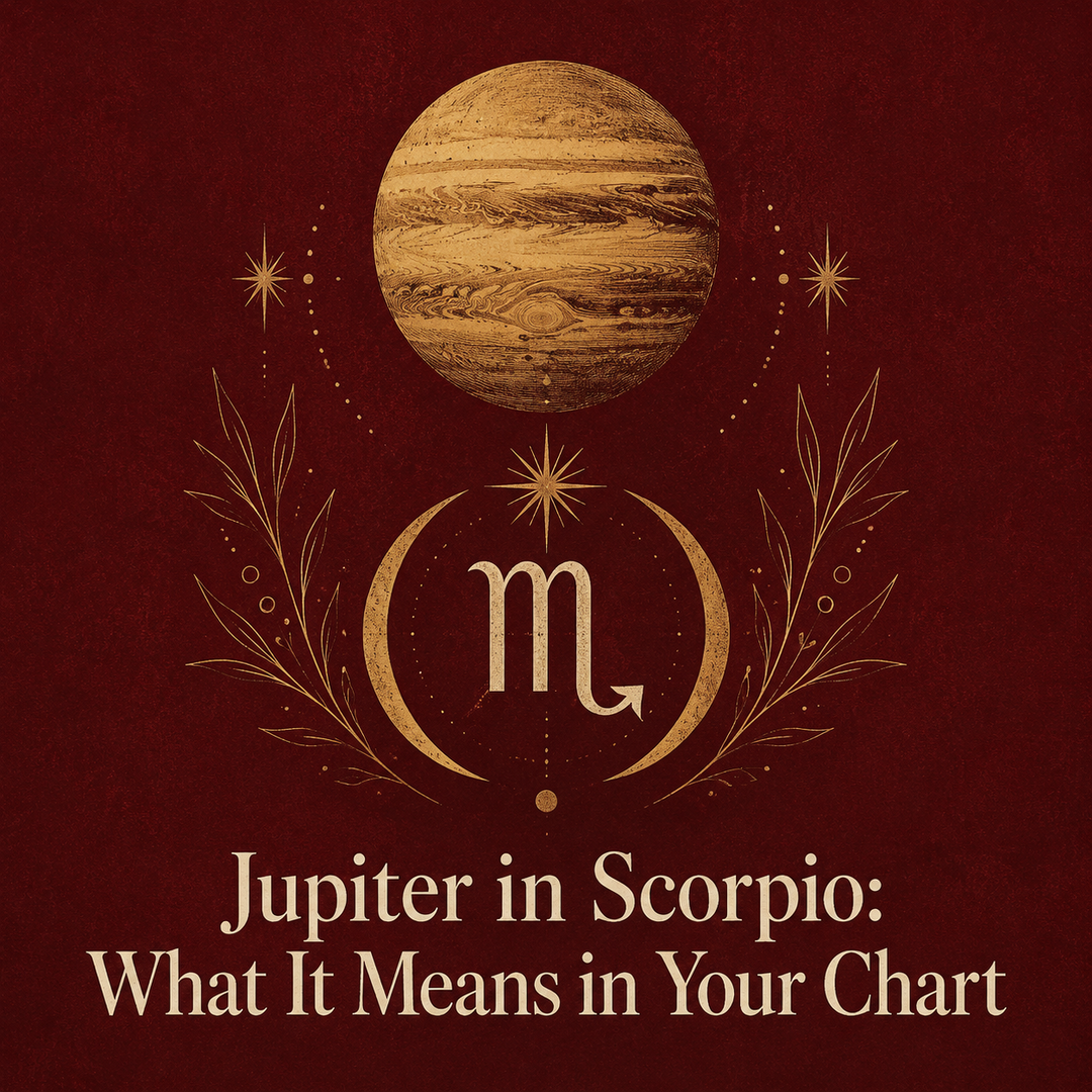 Gold Jupiter and Scorpio symbol on a deep burgundy background.