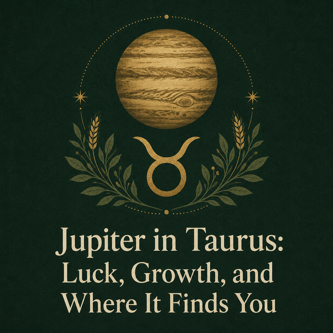 Gold Jupiter and Taurus symbol with botanical details on a deep green background.