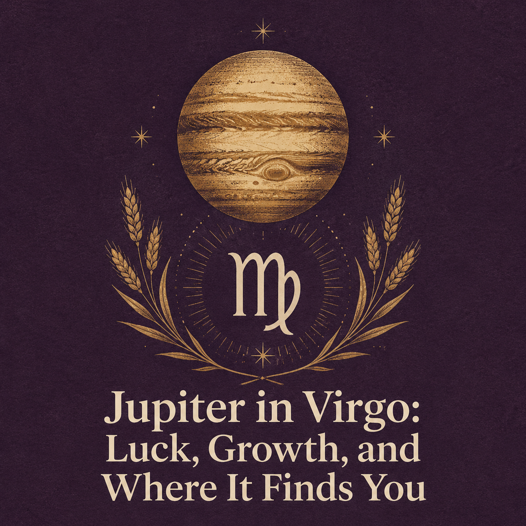 Gold Jupiter and Virgo symbol with wheat on a deep purple background.