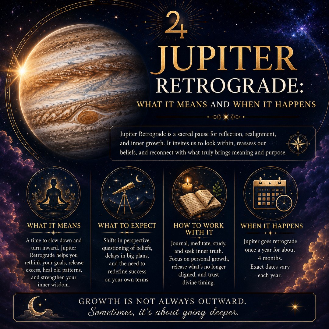 The planet Jupiter lit from behind against a violet starfield, beside four panels explaining what its retrograde means and when it happens