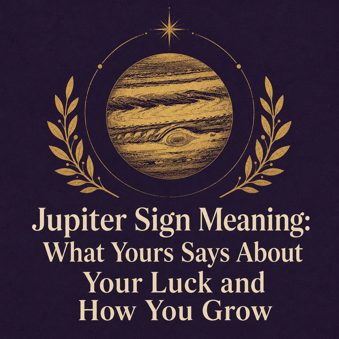 Gold Jupiter framed by laurel branches on a deep purple background.