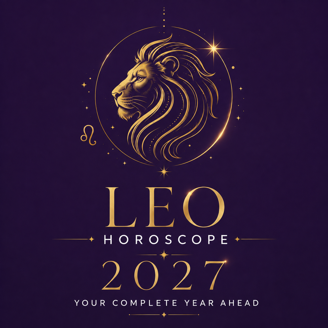 Gold Leo lion and zodiac symbol on a dark violet background with “Leo Horoscope 2027: Your Complete Year Ahead.”