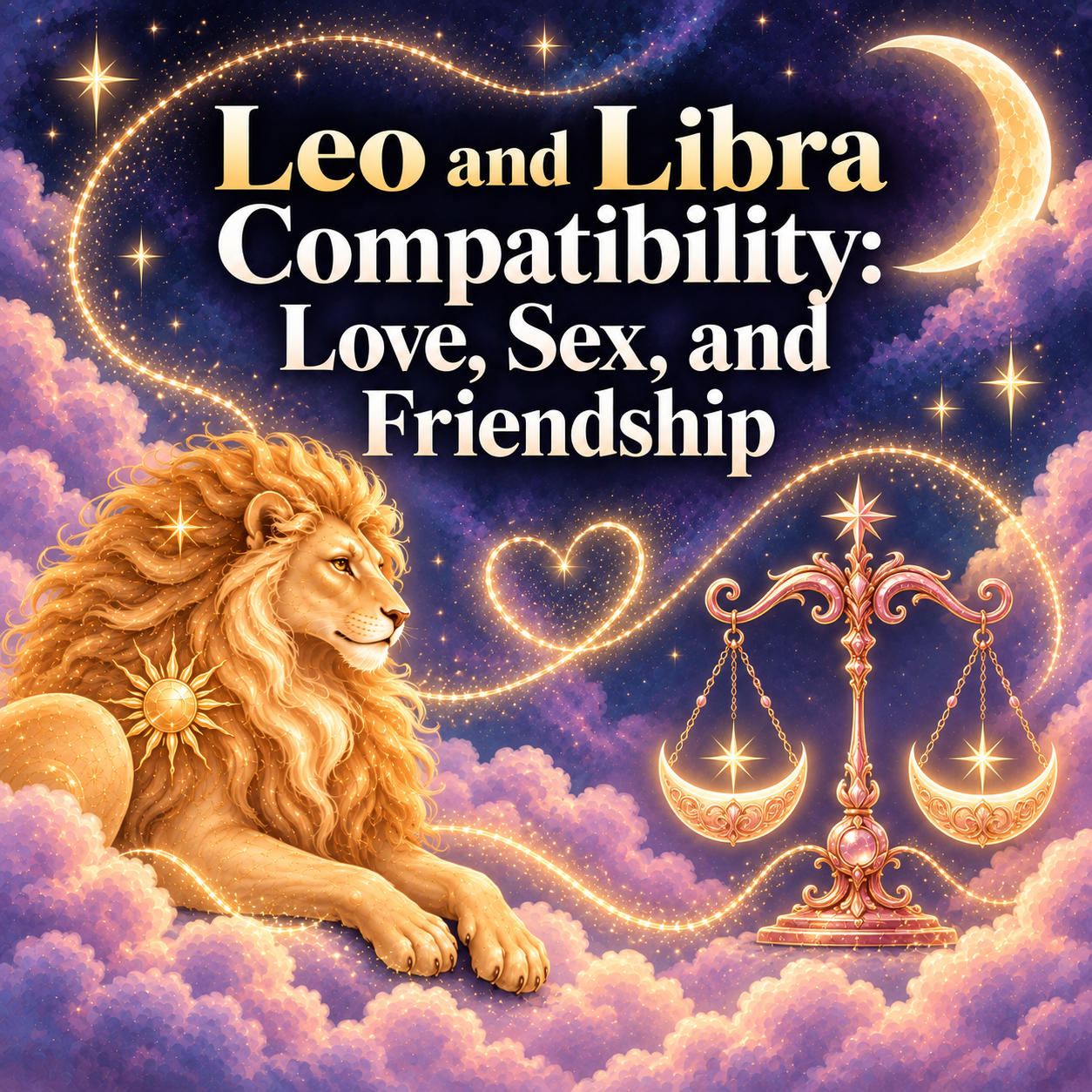 Whimsical golden lion and celestial scales representing Leo and Libra compatibility.