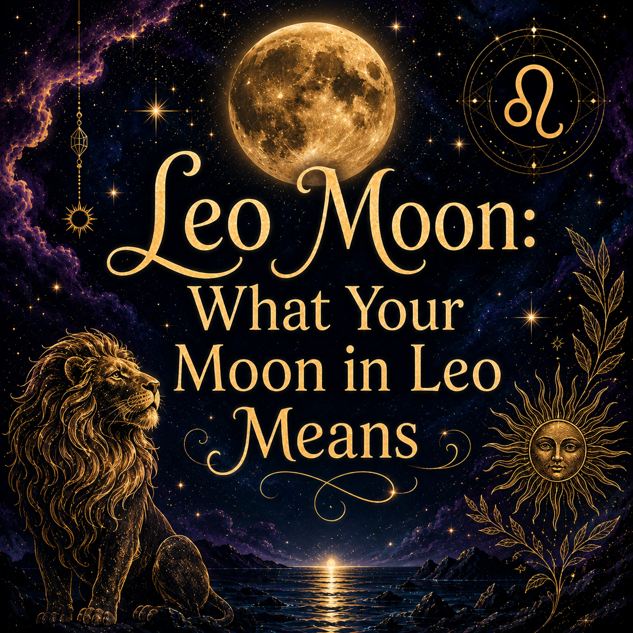 Celestial Leo Moon graphic with a glowing full moon, Leo symbol, golden lion, stars, and sun motifs.