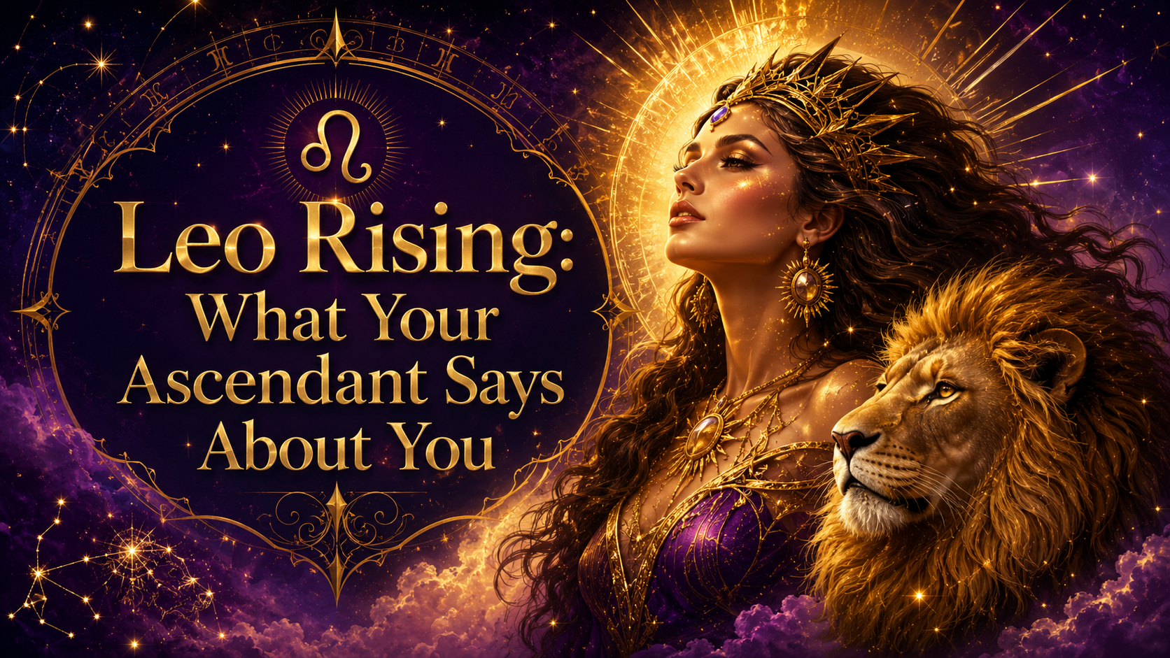 Celestial Leo Rising image with a regal woman, a lion, and glowing gold astrology details against a purple cosmic sky.