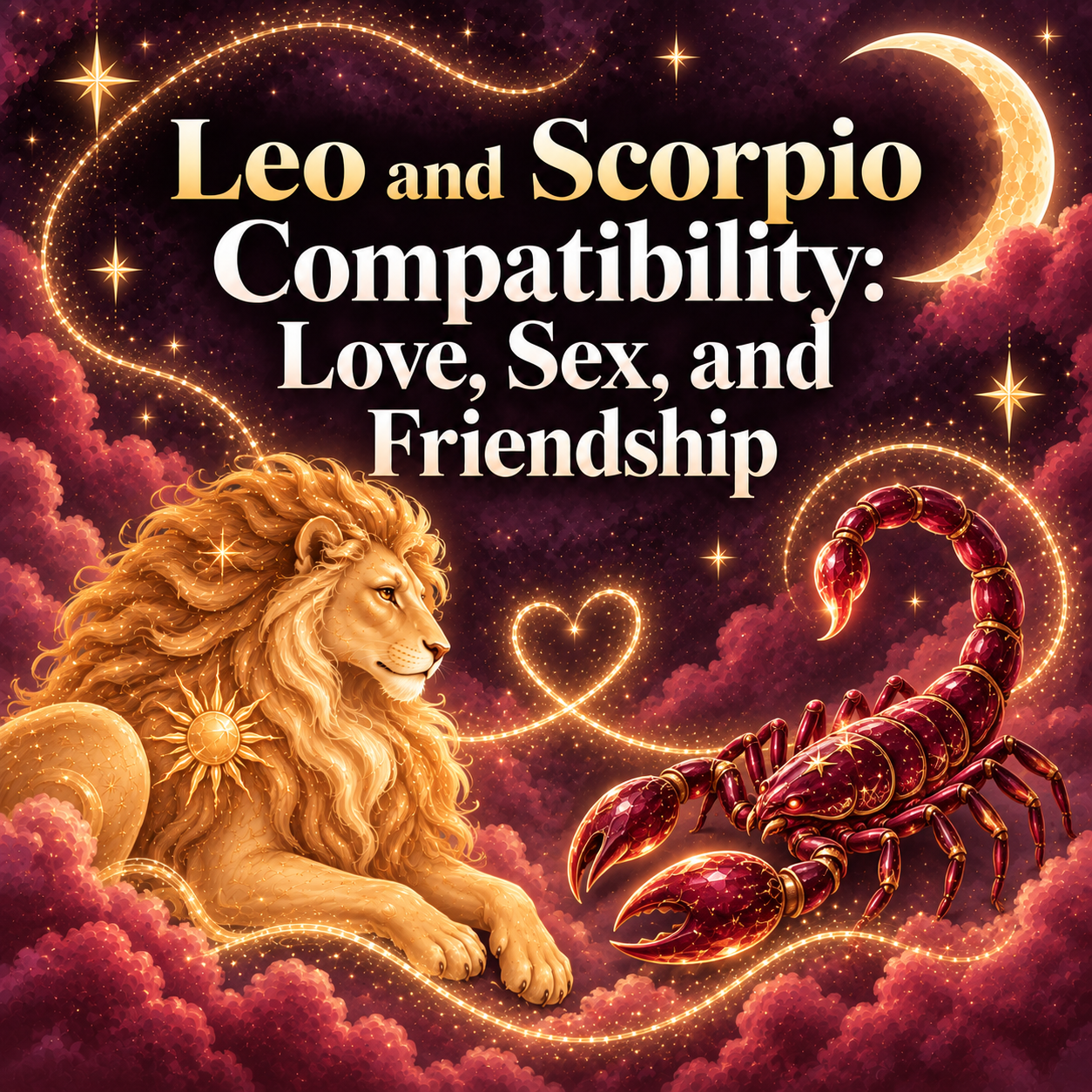 Whimsical golden lion and ruby scorpion representing Leo and Scorpio compatibility.