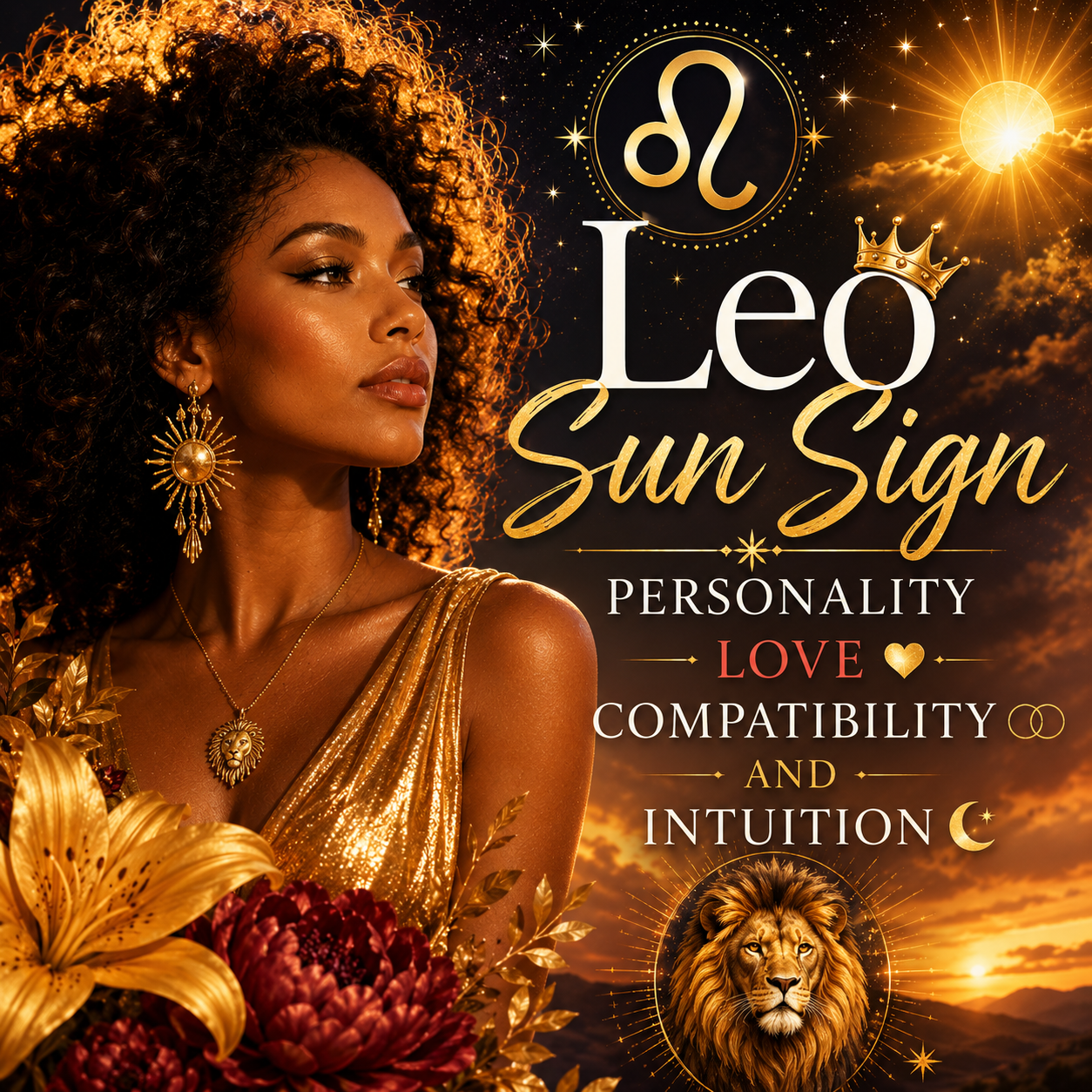 Leo Sun Sign astrology graphic featuring a woman, Leo symbol, radiant sun, golden lion, celestial stars, and flowers with the title Personality, Love, Compatibility and Intuition.