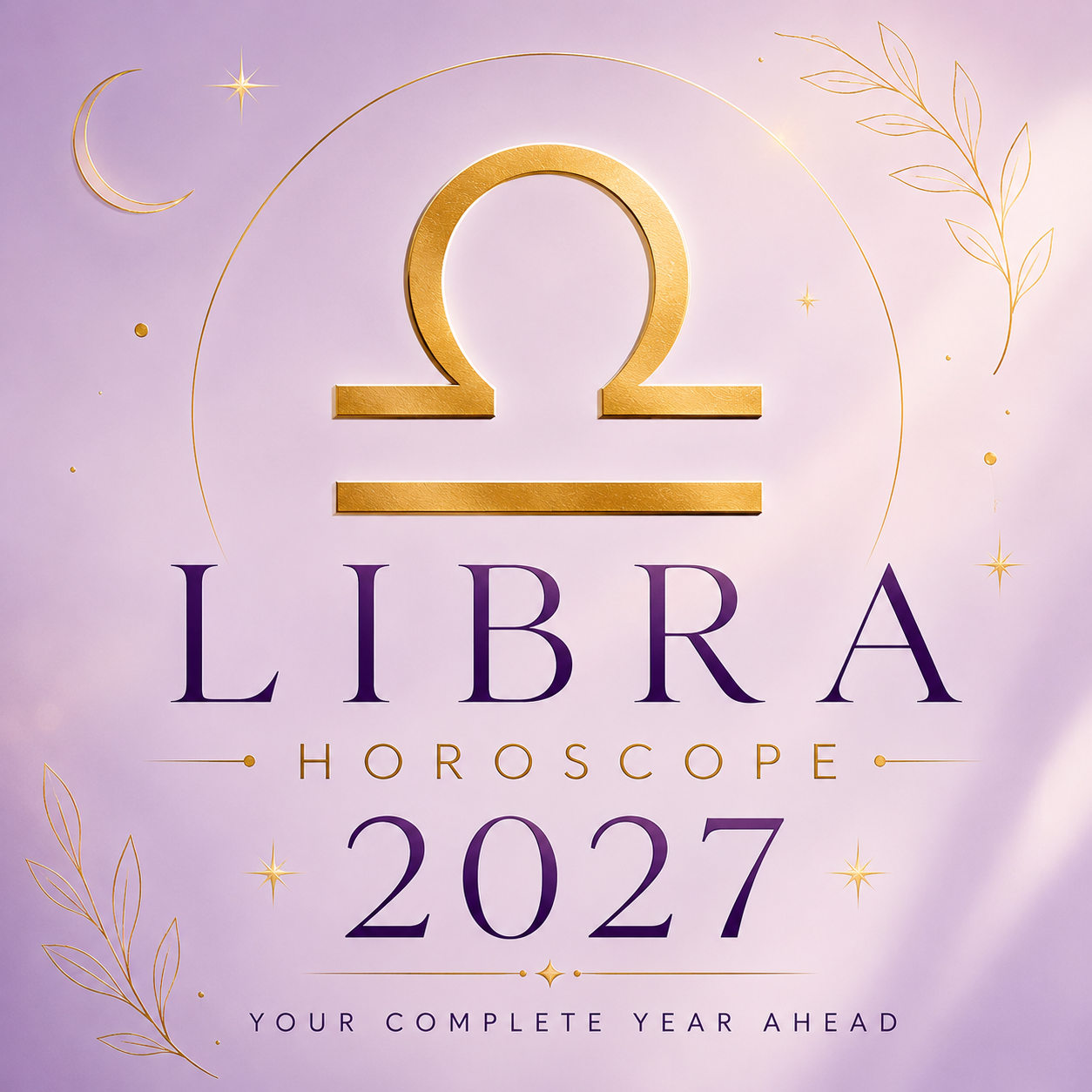 Gold Libra zodiac symbol on a soft lavender background with “Libra Horoscope 2027: Your Complete Year Ahead.”