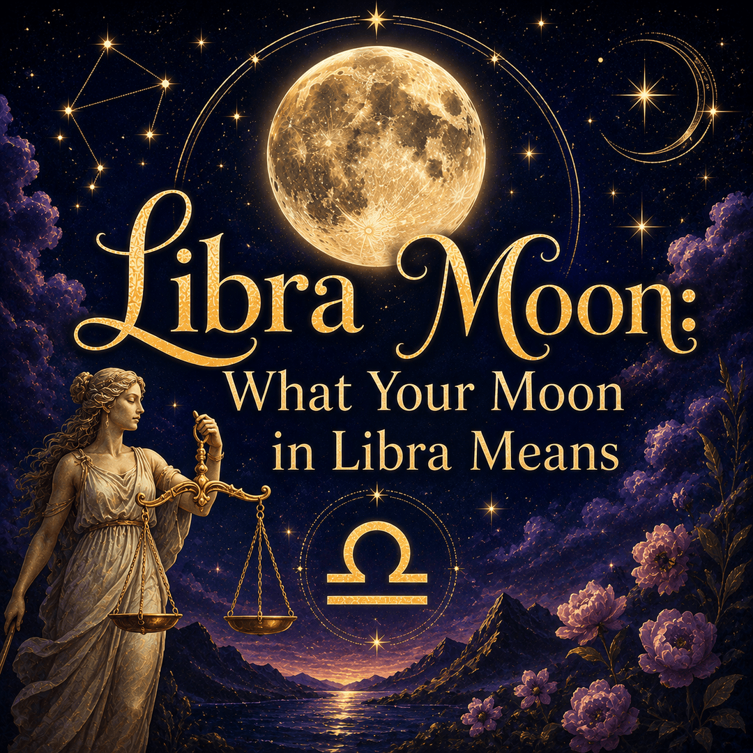 Celestial Libra Moon graphic with a glowing full moon, Libra symbol, golden scales, stars, mountains, and purple flowers.