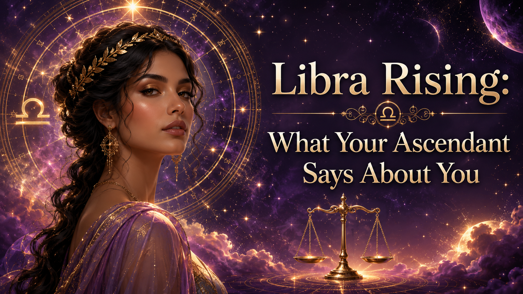 Celestial Libra Rising image with an elegant woman, golden scales, and glowing astrology details against a purple cosmic background.