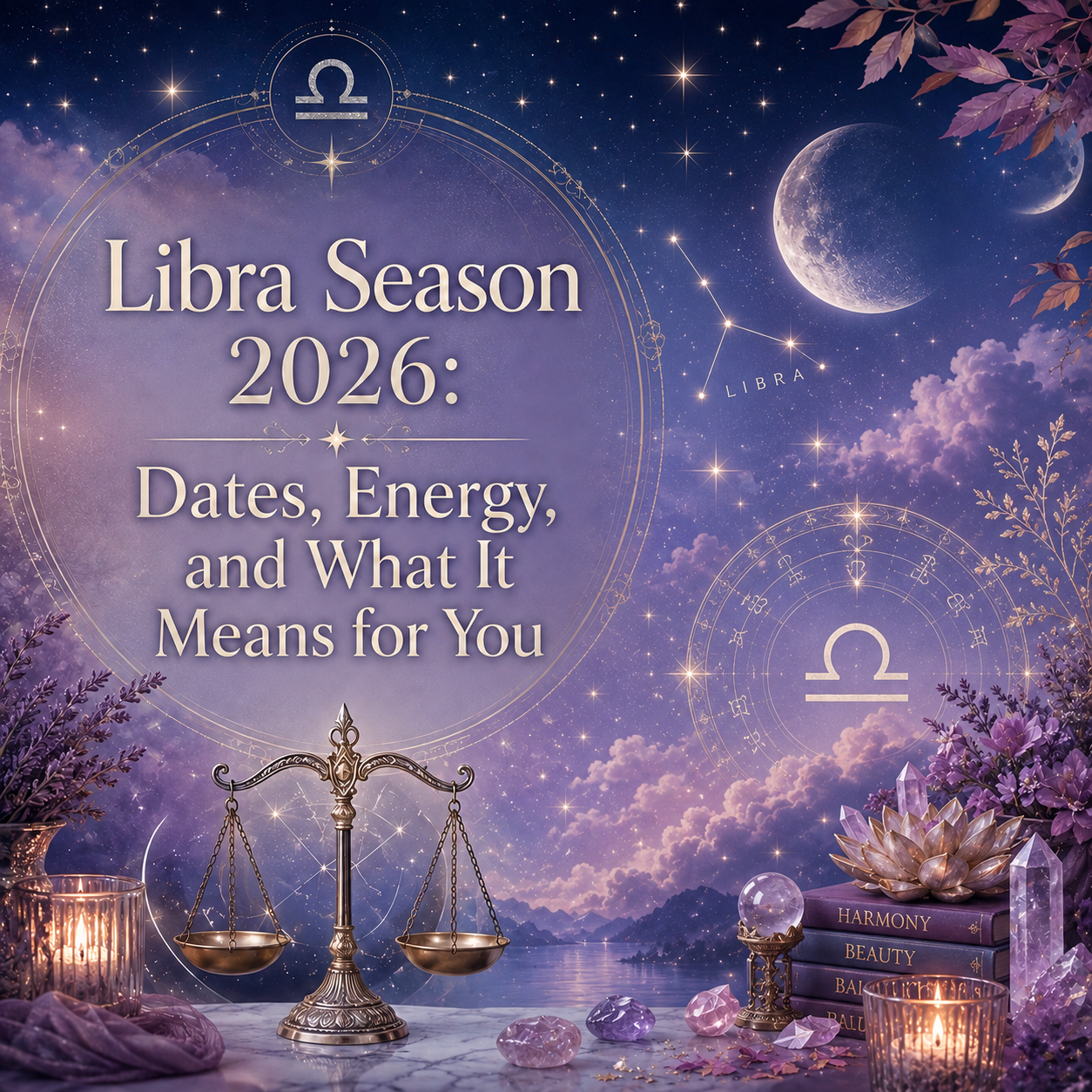 Celestial Libra Season 2026 image featuring balanced scales, the Libra zodiac symbol, stars, moon, lavender clouds, crystals, and candles.