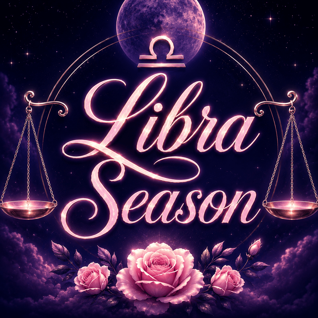 Libra Season astrology graphic with glowing pink script, Libra scales, roses, and a deep violet celestial background.