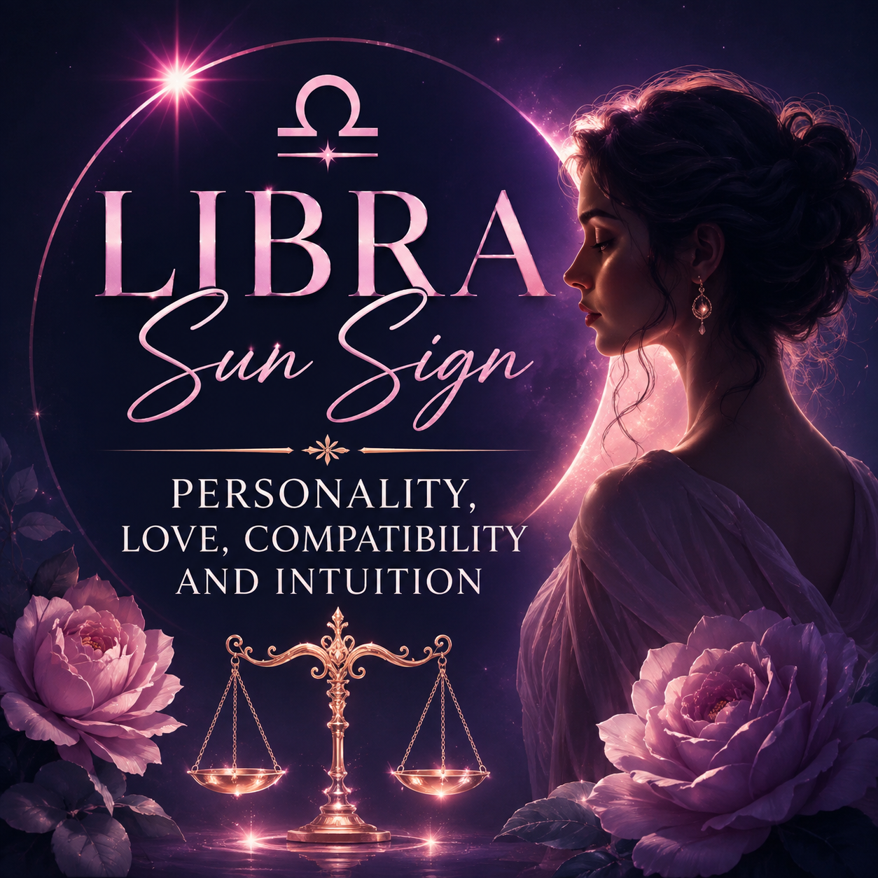 Libra Sun Sign astrology graphic featuring a woman, Libra scales, roses, and celestial imagery representing personality, love, compatibility, and intuition.