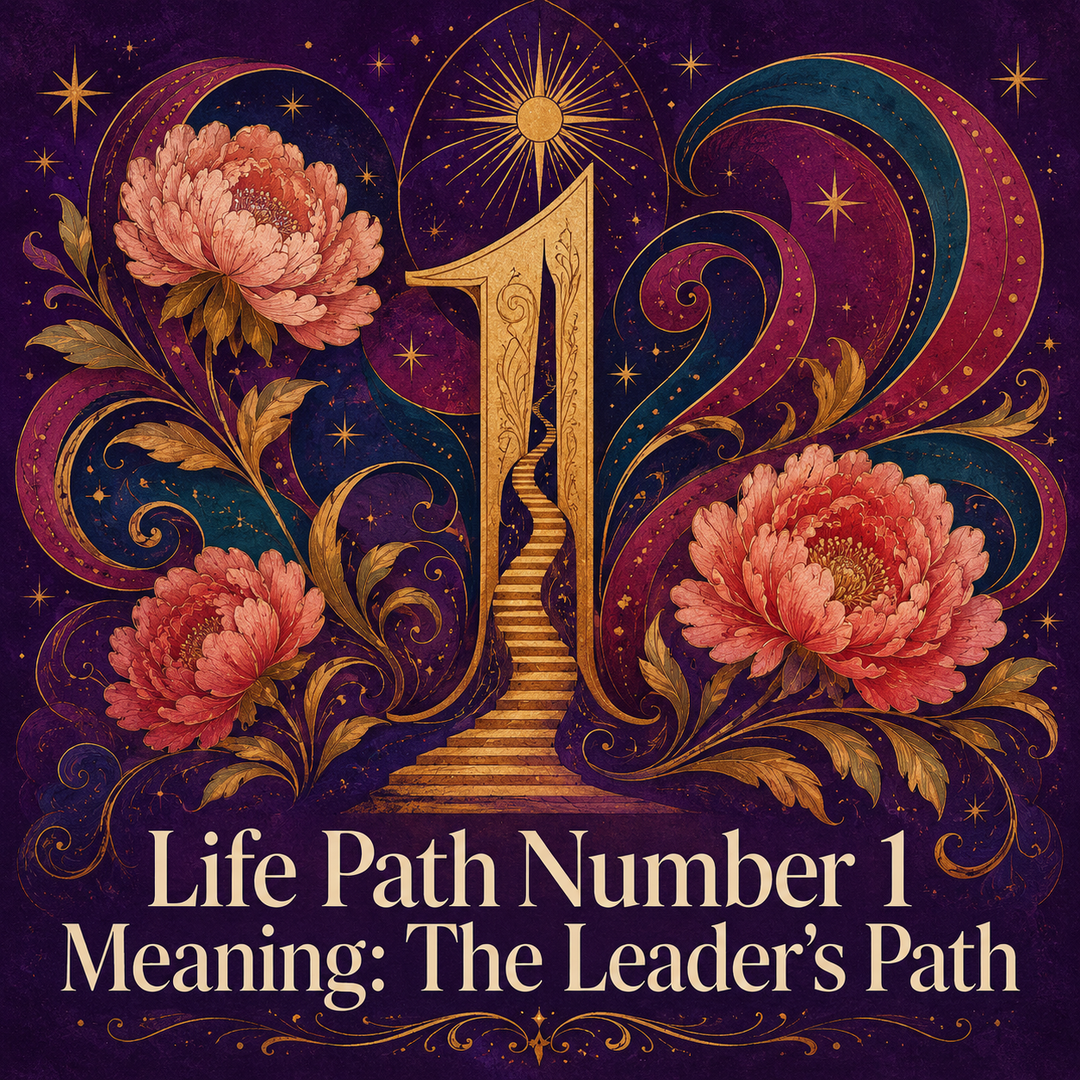 Golden number 1 with a rising staircase, sun, coral peonies, and swirling ribbons.