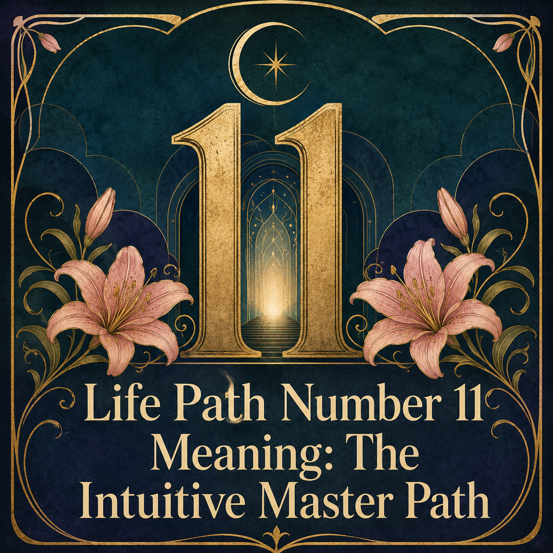 Golden number 11 framed by pink lilies beneath a crescent moon.