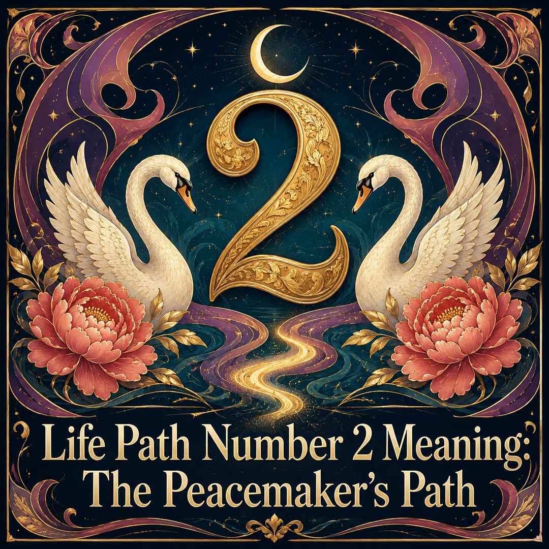Golden number 2 between two white swans, peonies, a crescent moon, and mystical swirls.