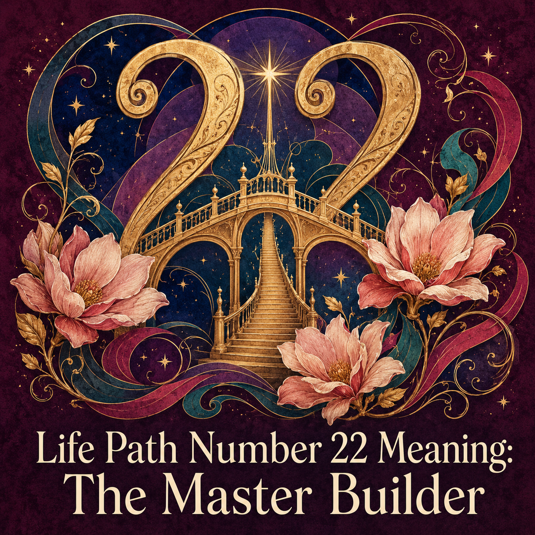 Golden number 22 above an ornate bridge and staircase, surrounded by magnolias and swirling ribbons.