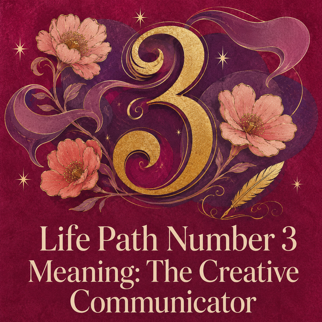 Golden number 3 surrounded by pink flowers, flowing ribbons, stars, and a quill.