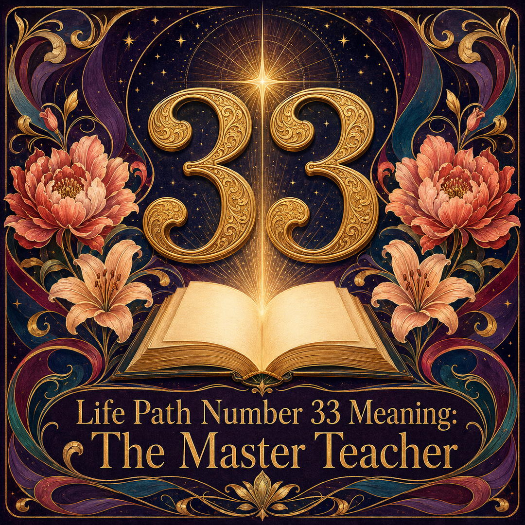 Golden number 33 above a glowing open book, surrounded by flowers, stars, and mystical swirls.