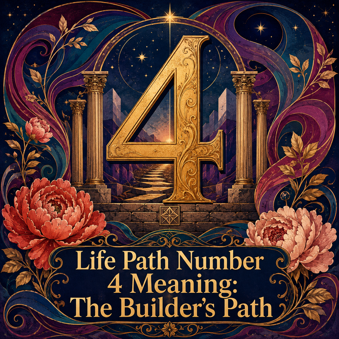 Golden number 4 framed by pillars, peonies, stars, and jewel-toned swirls.
