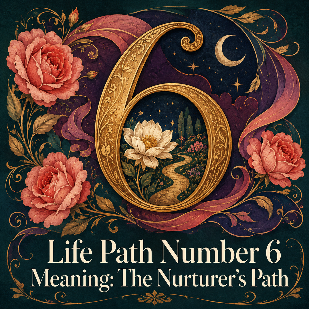 Golden number 6 enclosing a moonlit garden, surrounded by coral roses and swirling ribbons.