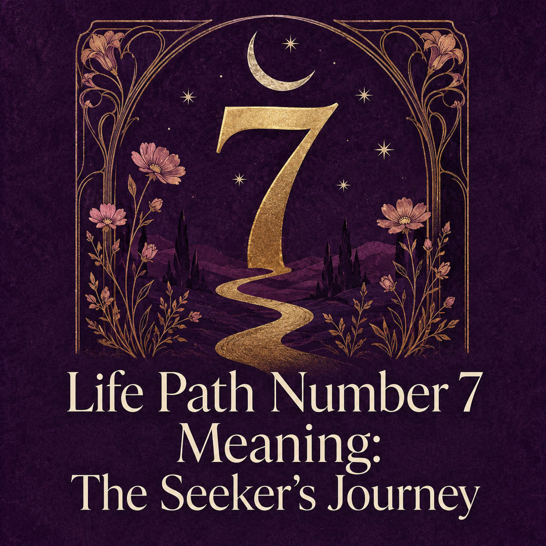 Golden number 7 and winding path beneath a crescent moon and flowers.