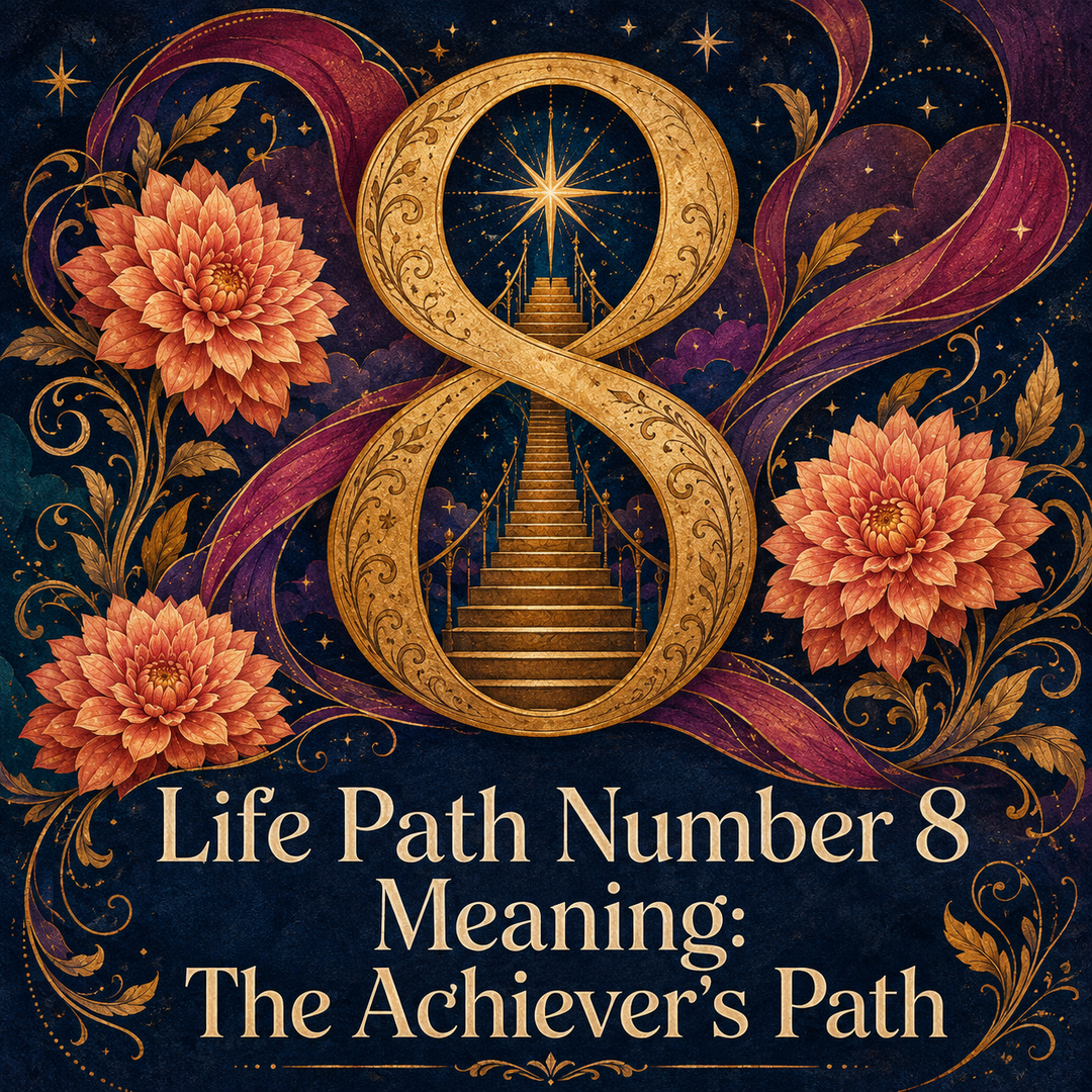 Golden number 8 with a rising staircase, coral flowers, and swirling ribbons.