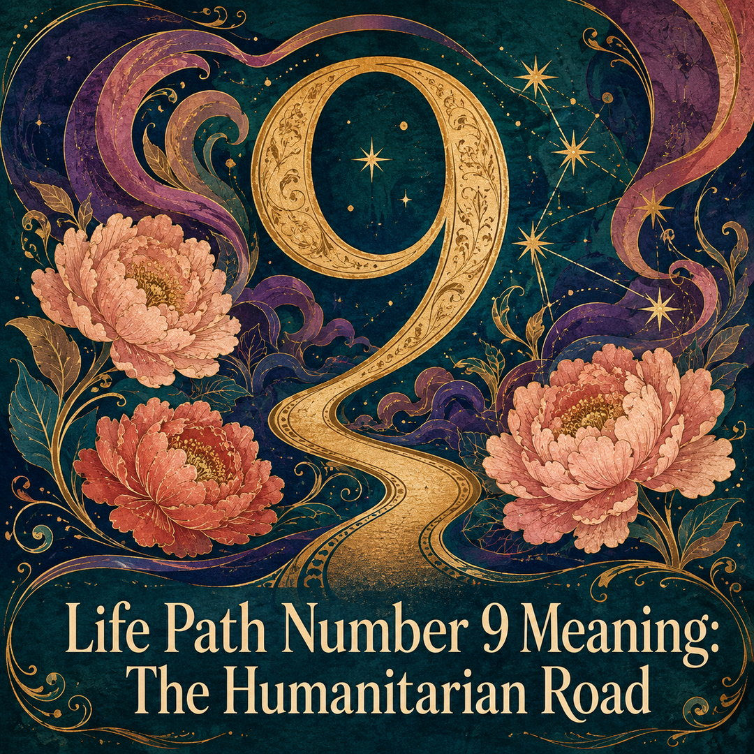 Golden number 9 forming a winding road surrounded by coral peonies and swirling stars.