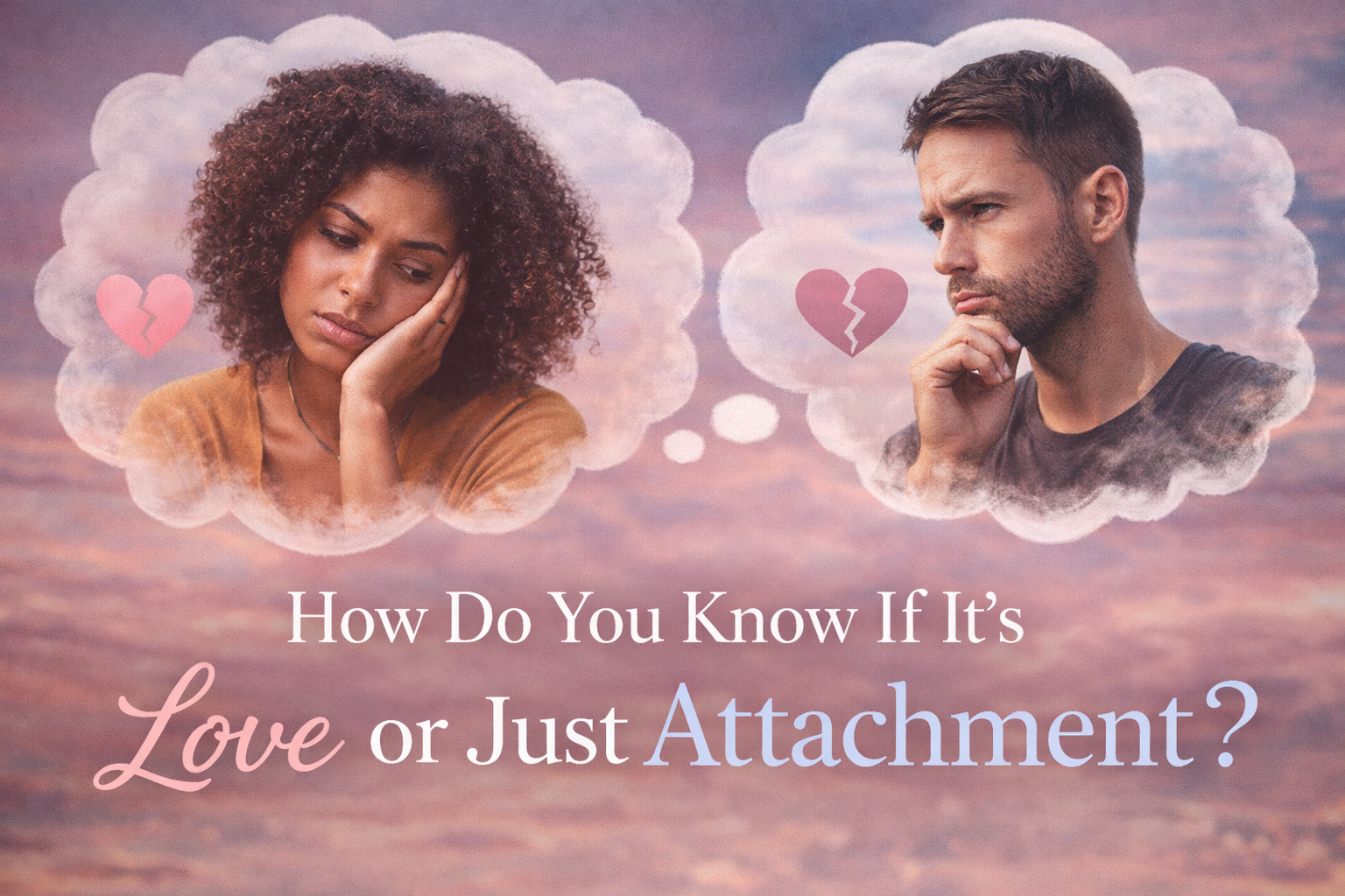 Woman and man in thought bubbles representing the difference between love and attachment with emotional relationship confusion