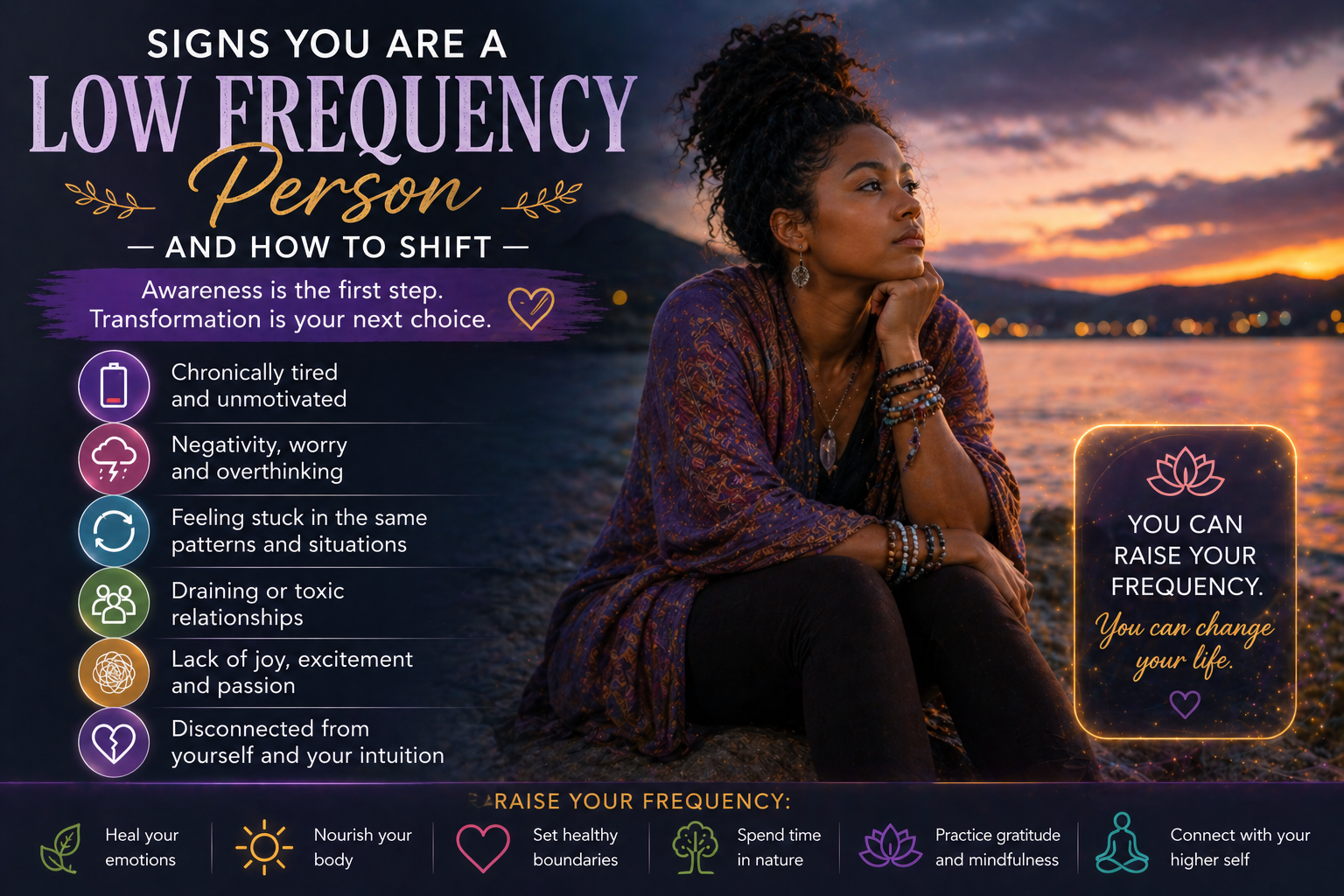 Woman sitting by water at sunset representing low vibrational energy, emotional heaviness, and the process of raising your frequency