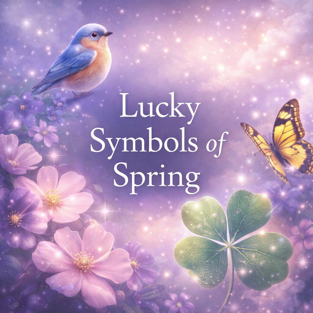 Lucky symbols of spring with flowers, butterfly, bird, and four-leaf clover in a soft mystical pastel design