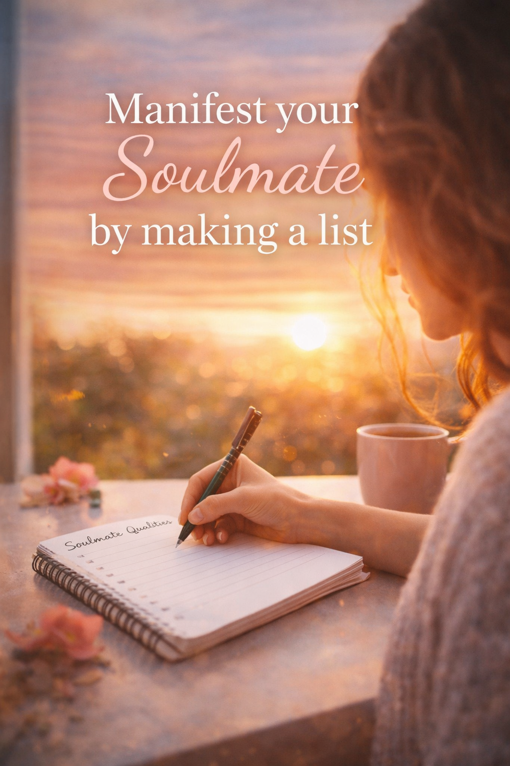 Manifest your soulmate by making a list image showing woman writing relationship goals and visualizing love connection