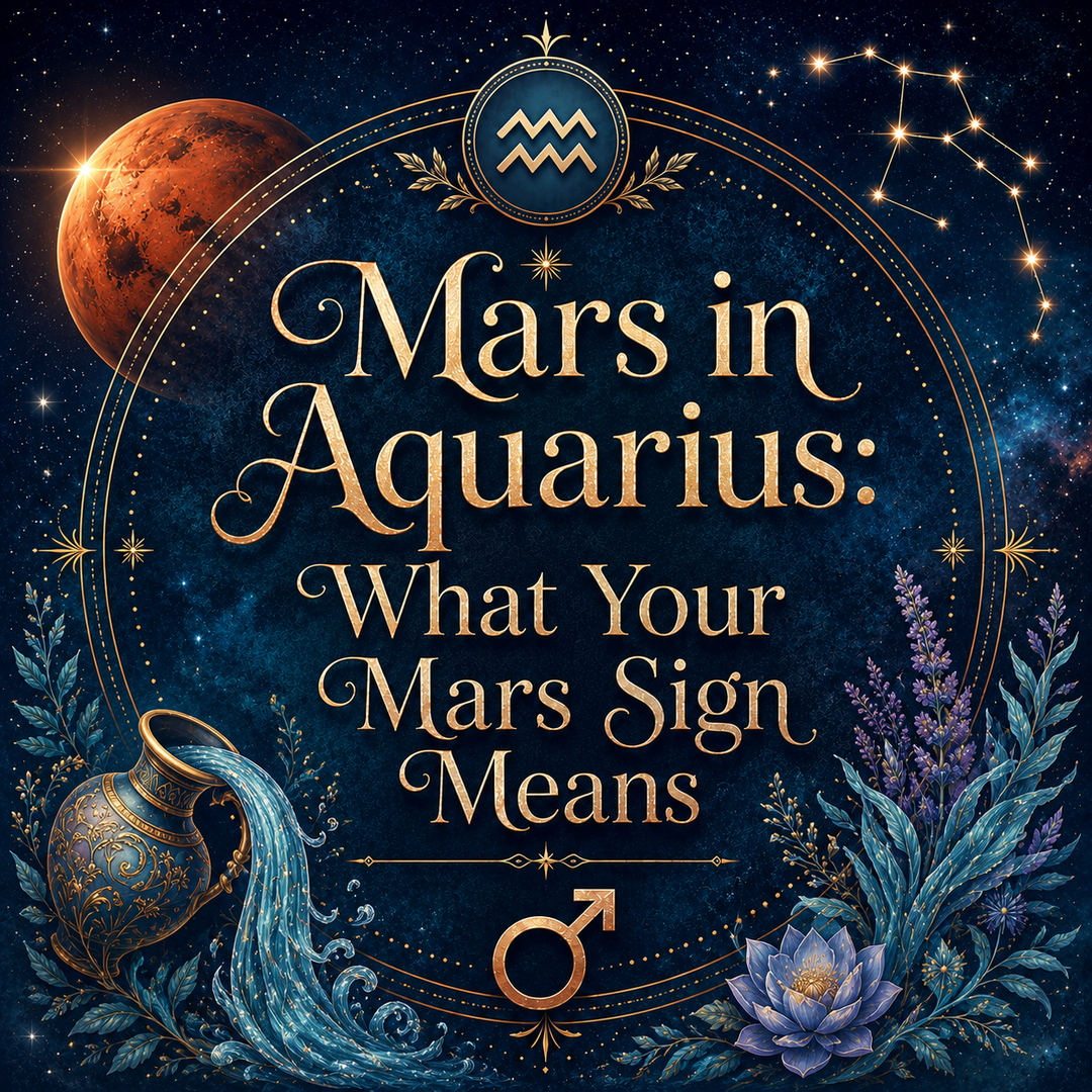 Mars in Aquarius astrology image with the Aquarius zodiac symbol, Mars planet, constellation, flowing water, and celestial botanical details