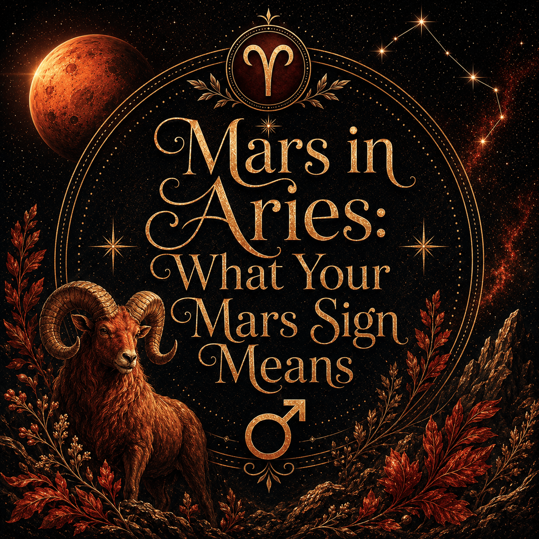 Mars in Aries astrology image with the Aries zodiac symbol, ram, Mars planet, constellation, and fiery red botanical details