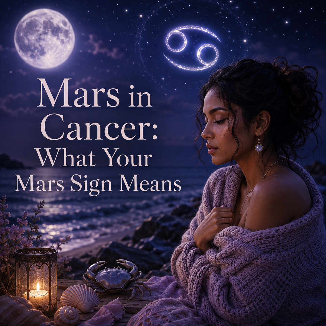 Mars in Cancer astrology image with Cancer symbol, moonlit ocean, crab, and a reflective woman representing emotional motivation and intuition.