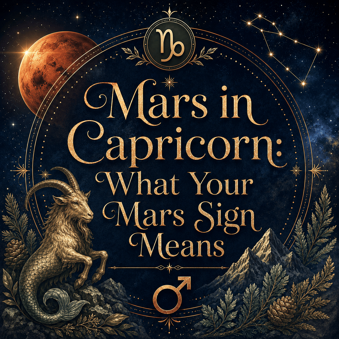 Mars in Capricorn astrology image with the Capricorn zodiac symbol, Mars planet, constellation, mountain goat, and evergreen details
